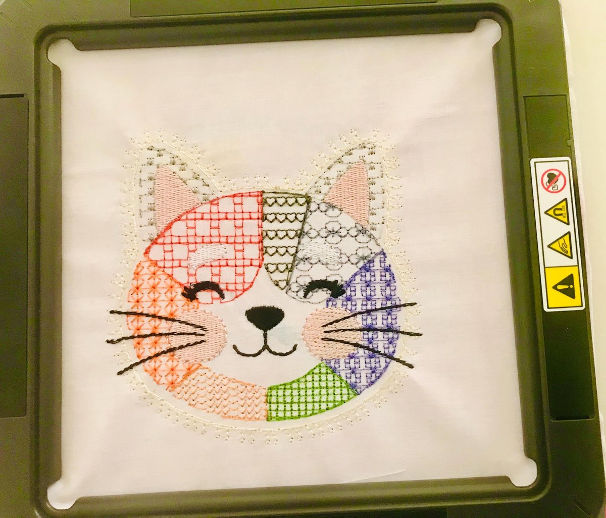 Faux Applique Patchwork Cat Head Embroidery File – Colorful Patchwork Design (Digital Download)