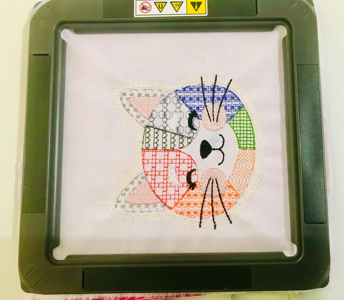 Faux Applique Patchwork Cat Head Embroidery File – Colorful Patchwork Design (Digital Download)