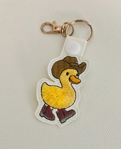 Fluffy Feather Cowboy Duckling Key Ring, Vinyl Keychain Accessory (4x4 Hoop)