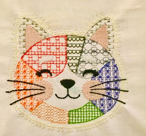 Faux Applique Patchwork Cat Head Embroidery File – Colorful Patchwork Design (Digital Download)
